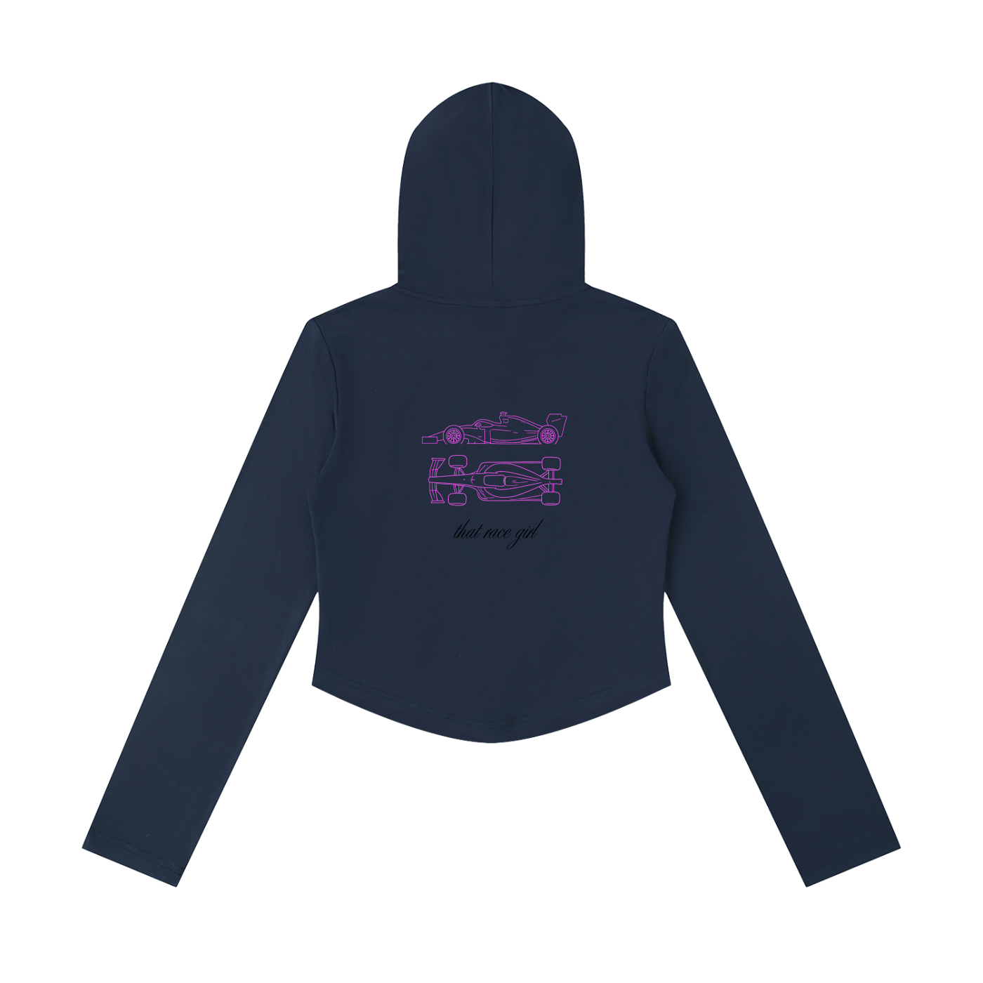 UNDER Investigation slim cropped zip in navy blue - back view - F1 women's hoodie