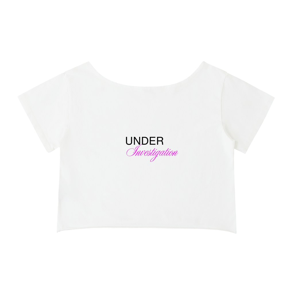 UNDER Investigation off-shoulder tee with logo in white - back view - F1 women's fashion
