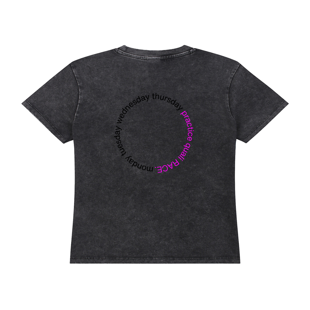 Box box box vintage wash tee in black - back view showing circular race graphic - F1 women's t-shirt