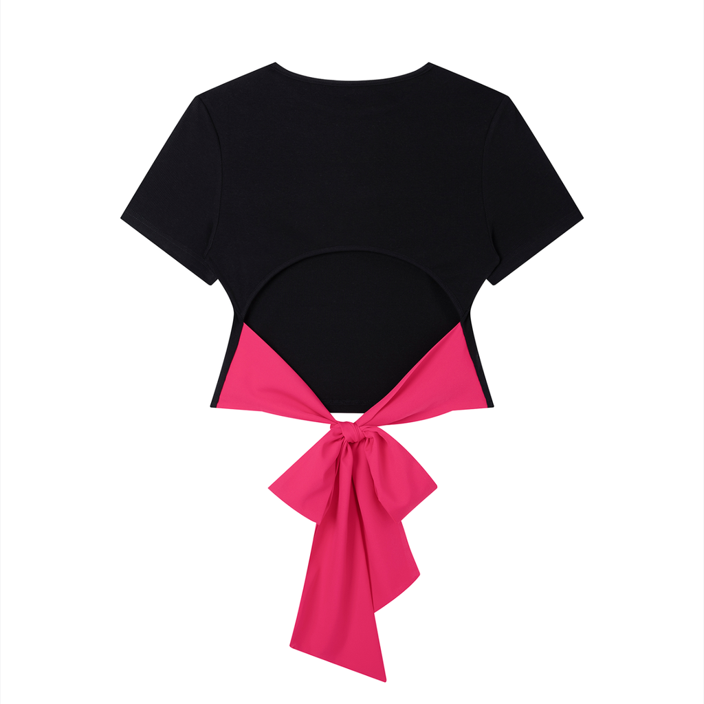 That race girl bow tee in black with rose red - back view - F1 women's top