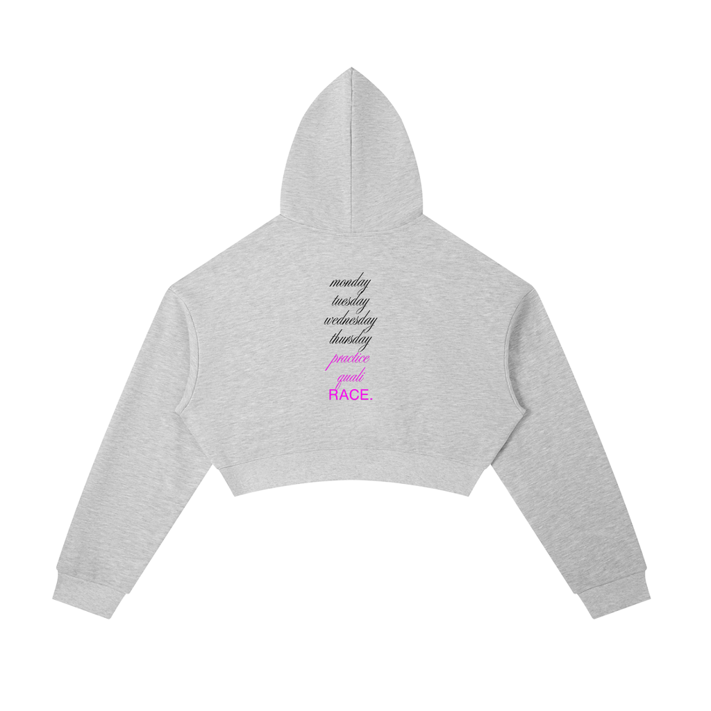Monday to RACE cropped zip in flower gray - back view - F1 women's hoodie