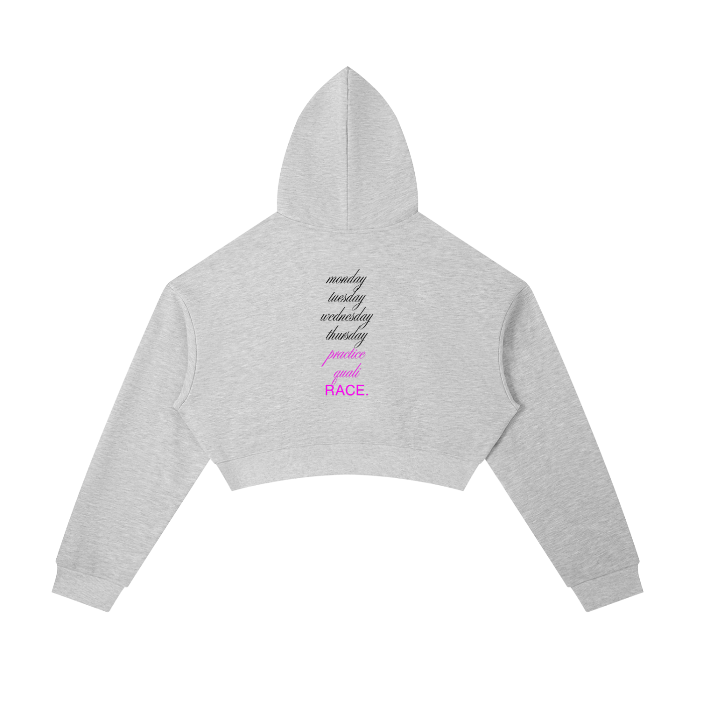 Monday to RACE cropped zip in flower gray - back view - F1 women's hoodie