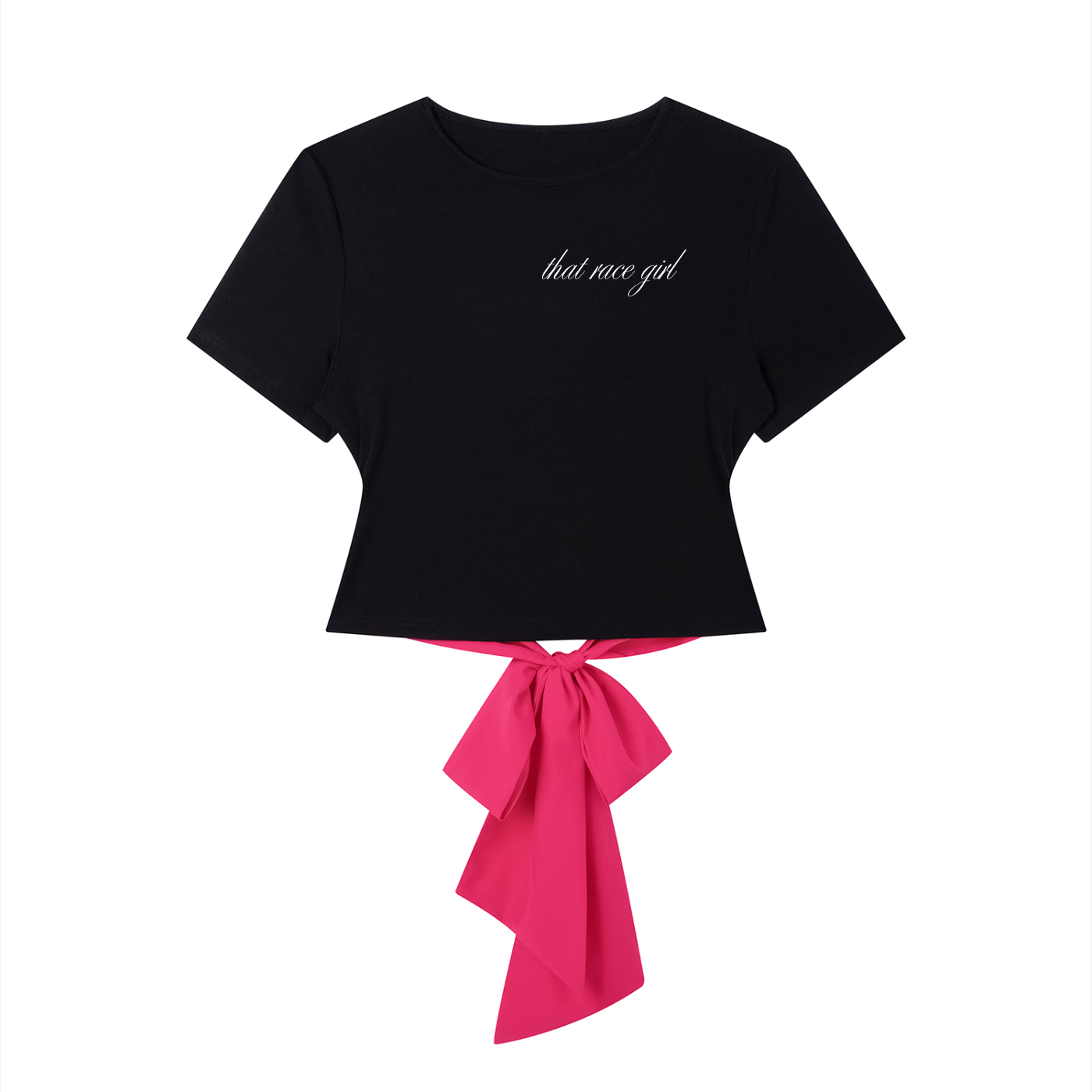 That race girl bow tee in black with rose red - front view - F1 women's top