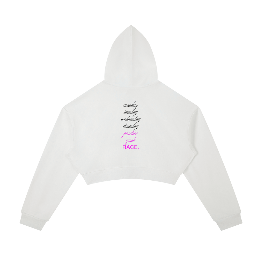 Monday to RACE cropped zip in white - back view showing race week countdown - F1 women's hoodie