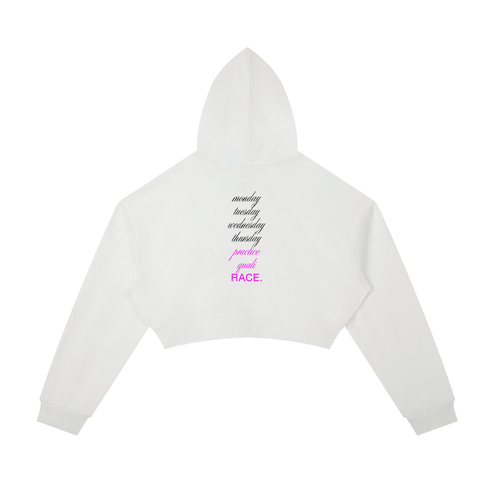 Monday to RACE cropped zip in white - back view showing race week countdown - F1 women's hoodie