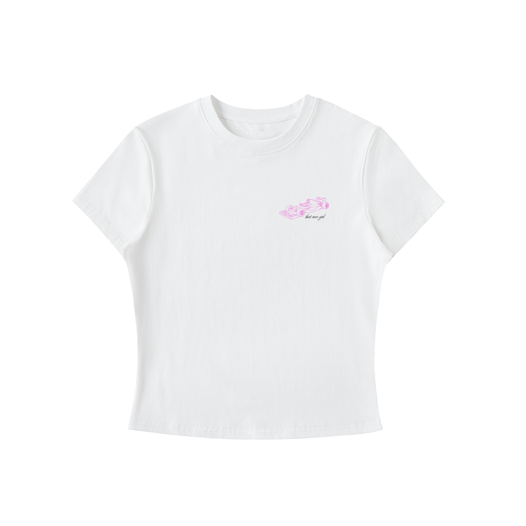 That race girl tee with pink car sketch - front view - F1 women's fashion