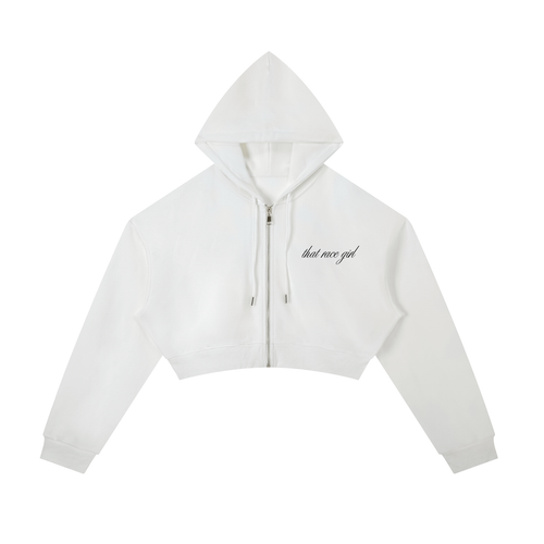 Helmet zip-up cropped hoodie in black - front view - F1 women's fashion