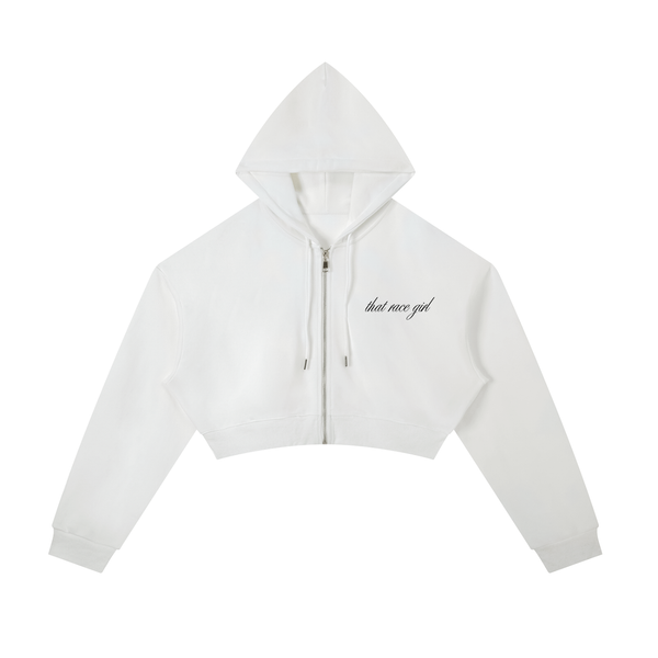 Helmet zip-up cropped hoodie in black - front view - F1 women's fashion