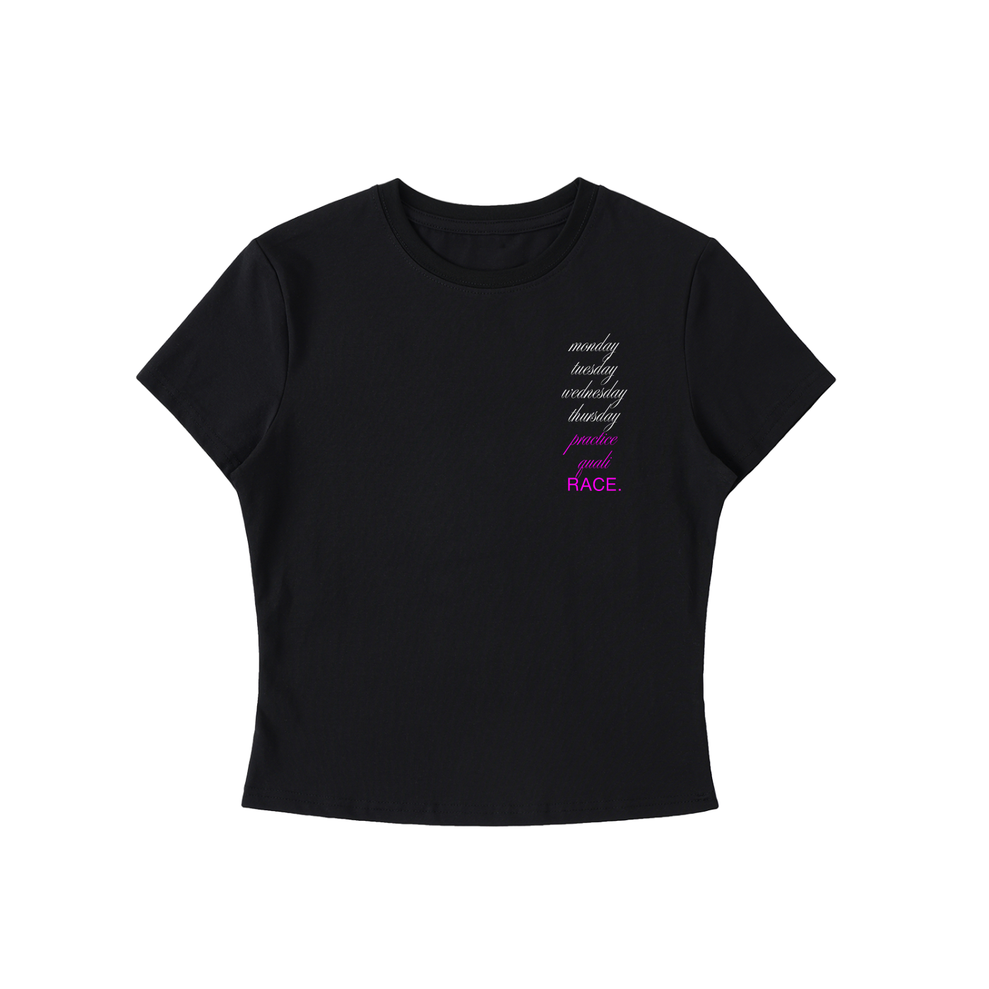 Monday to RACE bodycon tee in black - front view showing listed race week graphic - F1 women's fashion