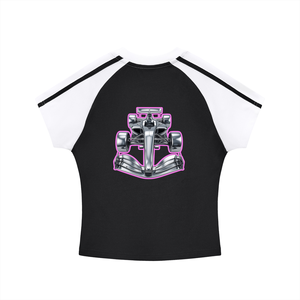 Car sketch raglan tee in black and white - back view showing pink F1 car sketch - F1 women's t-shirt