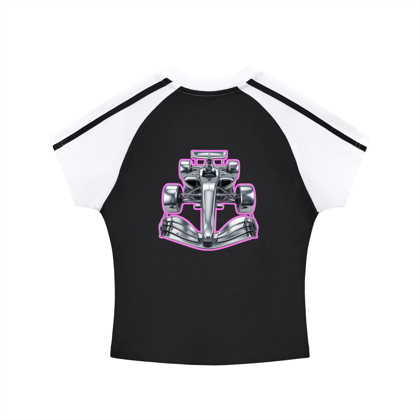 Car sketch raglan tee in black and white - back view showing pink F1 car sketch - F1 women's t-shirt