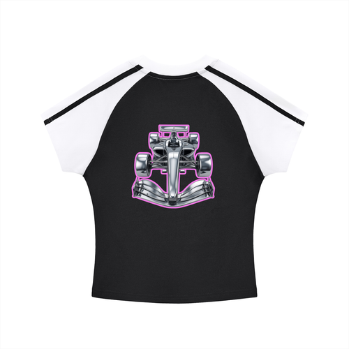 Car sketch raglan tee in black and white - back view showing pink F1 car sketch - F1 women's t-shirt