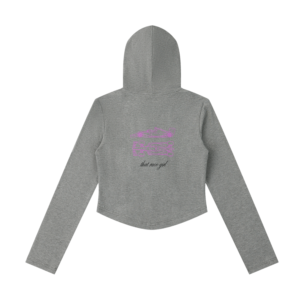 UNDER Investigation slim cropped zip in flower gray - back view - F1 women's hoodie