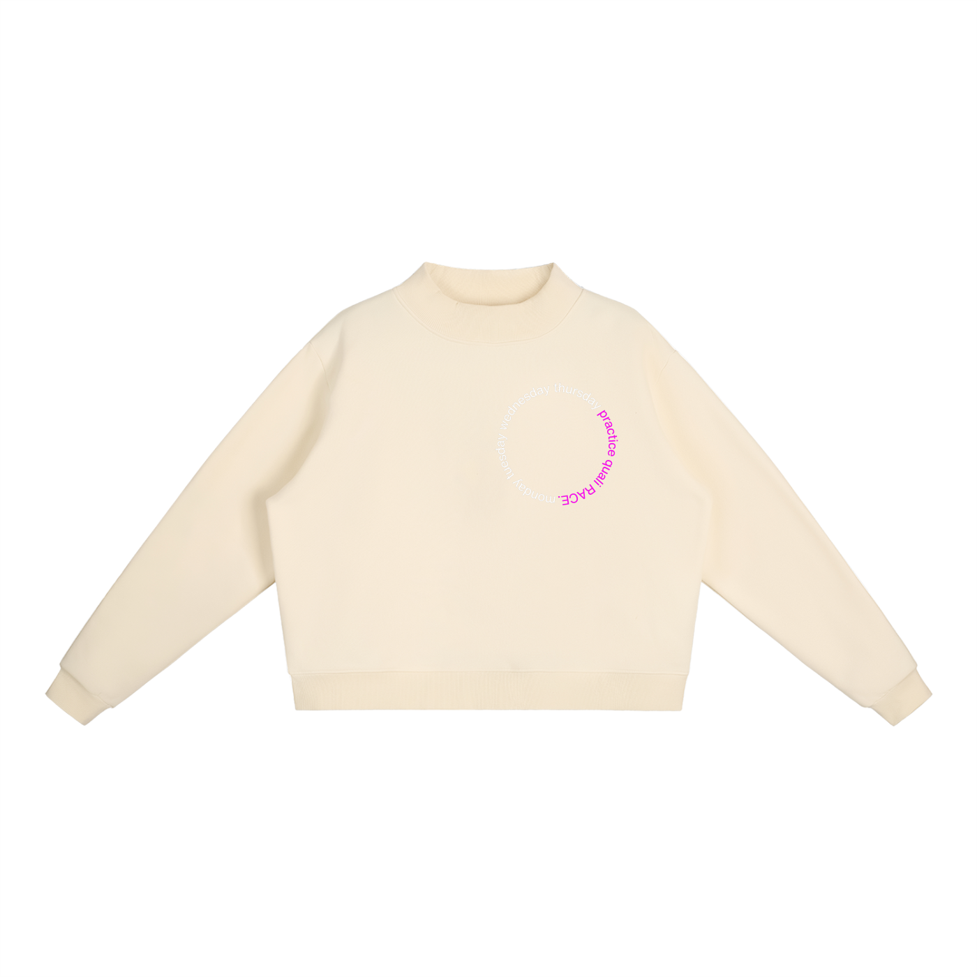 Monday to RACE mock-neck sweatshirt - circular race week graphic detail - F1 women's fashion