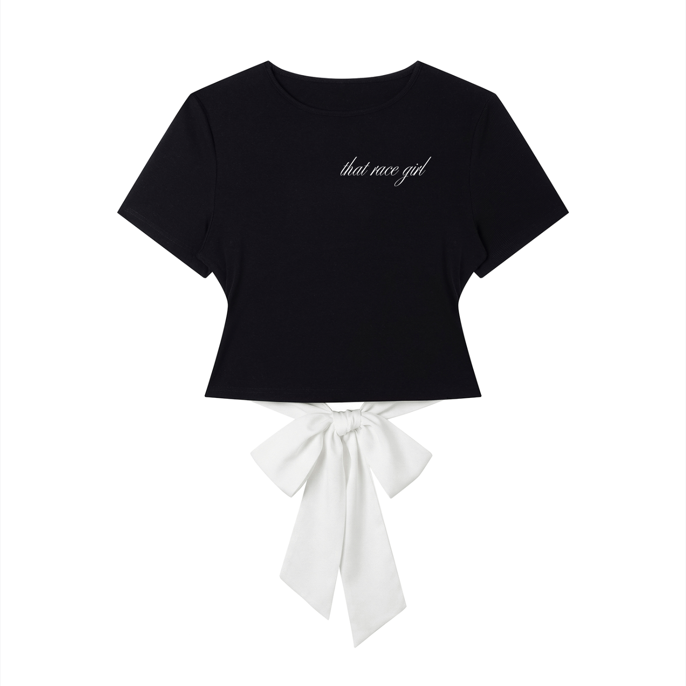 That race girl bow tee in black with white - front view - F1 women's top