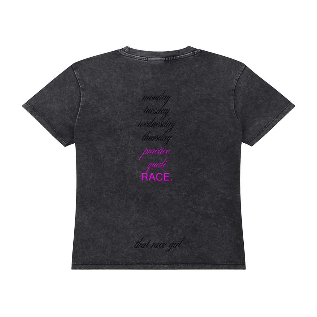 Sunday grid WALK vintage wash tee in black - back view showing race week listed graphic - F1 women's t-shirt