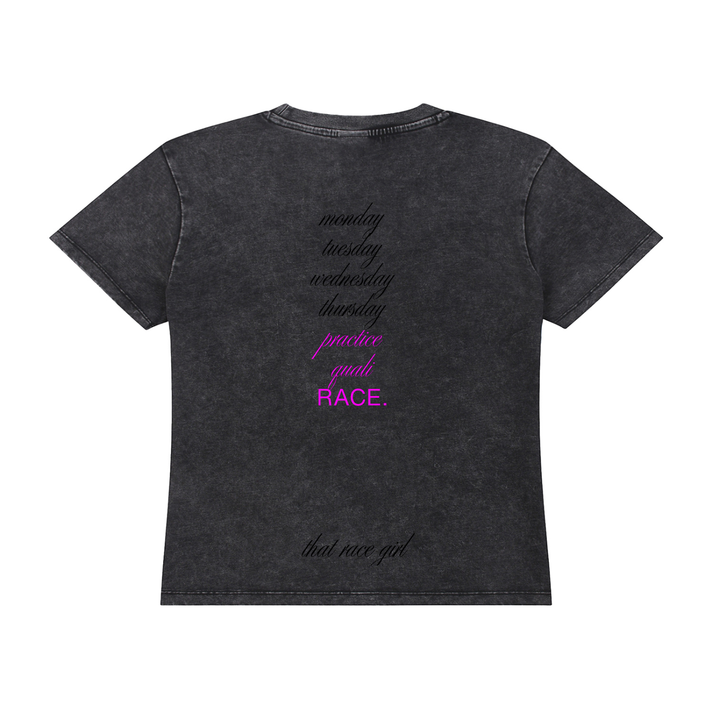 Sunday grid WALK vintage wash tee in black - back view showing race week listed graphic - F1 women's t-shirt