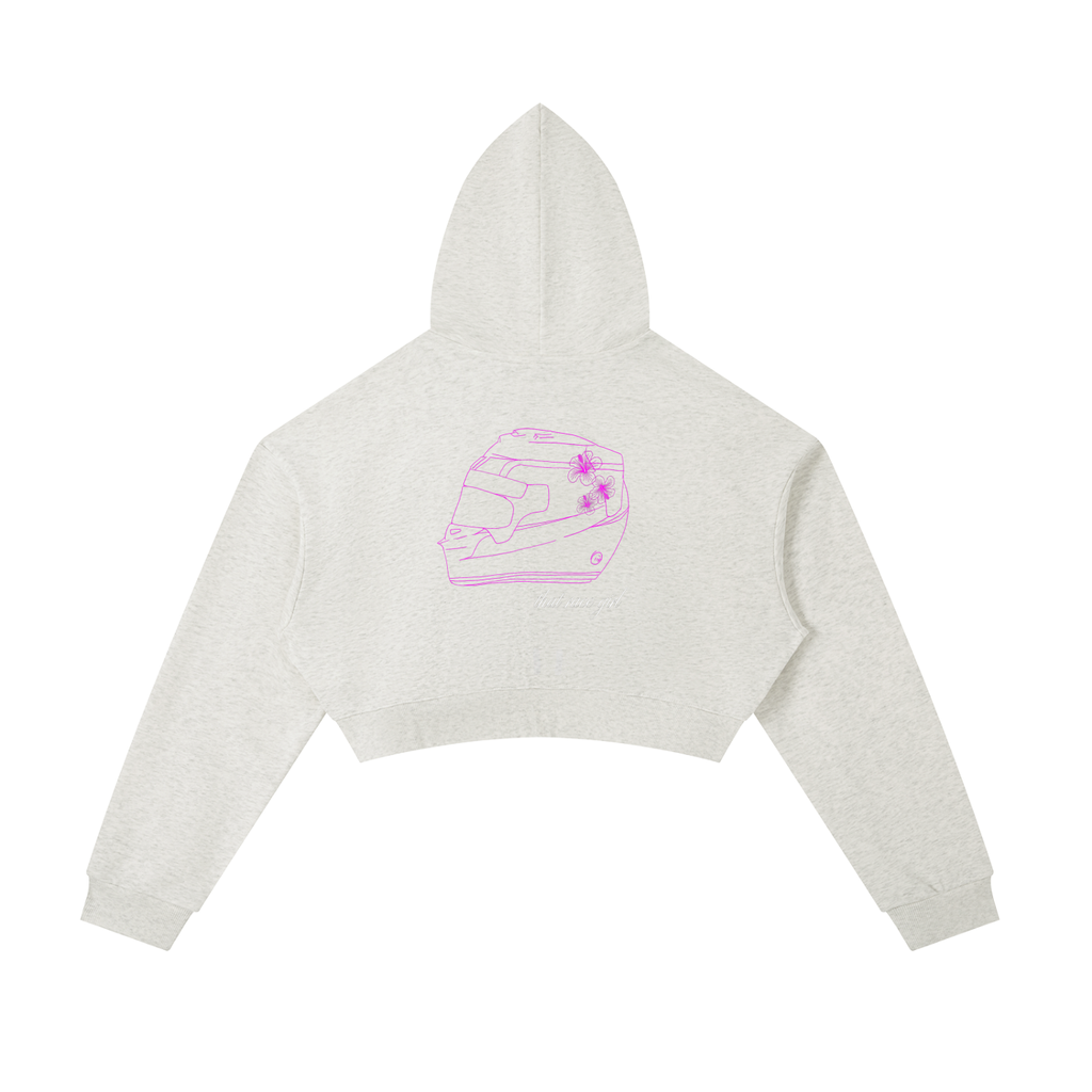 Helmet zip-up cropped hoodie in oat gray - back view - F1 women's fashion