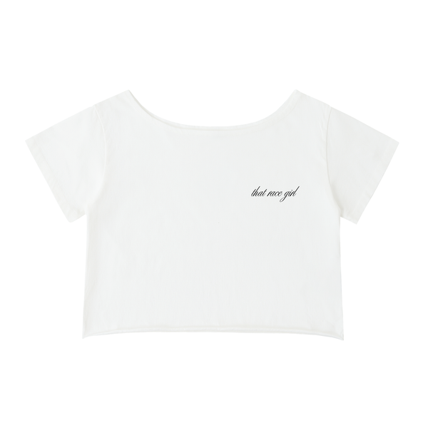 UNDER Investigation off-shoulder tee with logo in white - front view - F1 women's fashion