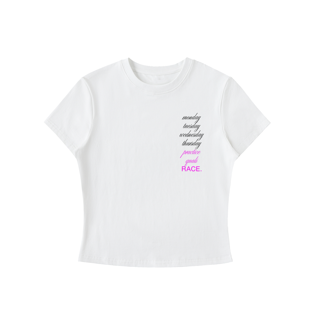 Monday to RACE bodycon tee in white - front view showing circular race week graphic - F1 women's fashion