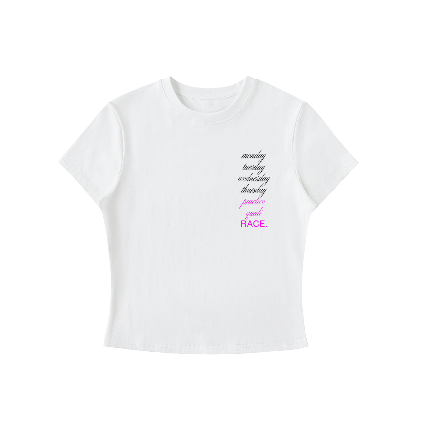 Monday to RACE bodycon tee in white - front view showing circular race week graphic - F1 women's fashion