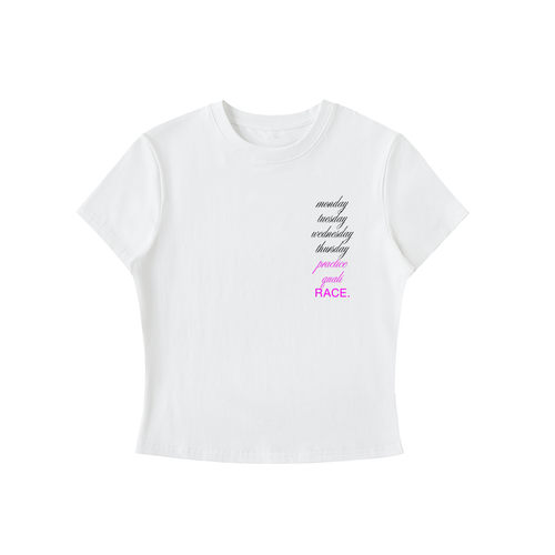 Monday to RACE bodycon tee in white - front view showing circular race week graphic - F1 women's fashion