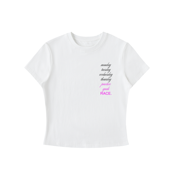 Monday to RACE bodycon tee in white - front view showing circular race week graphic - F1 women's fashion