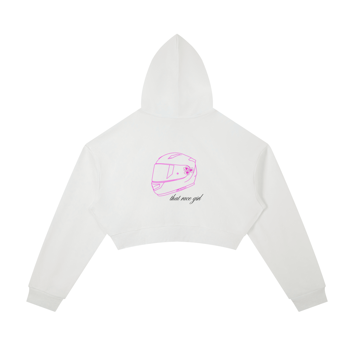 Helmet zip-up cropped hoodie in black - back view showing pink helmet sketch - F1 women's fashion