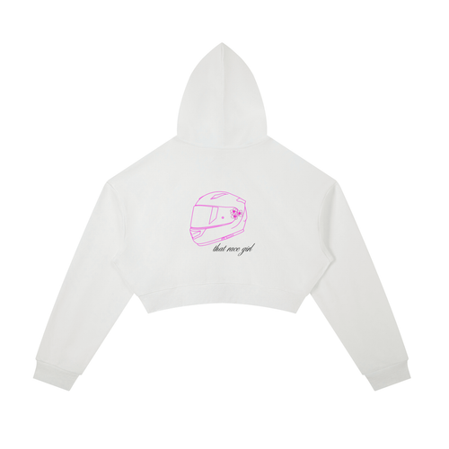 Helmet zip-up cropped hoodie in black - back view showing pink helmet sketch - F1 women's fashion