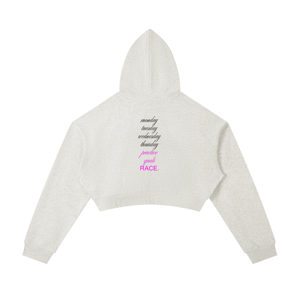 Monday to RACE cropped zip in oat gray - back view - F1 women's hoodie