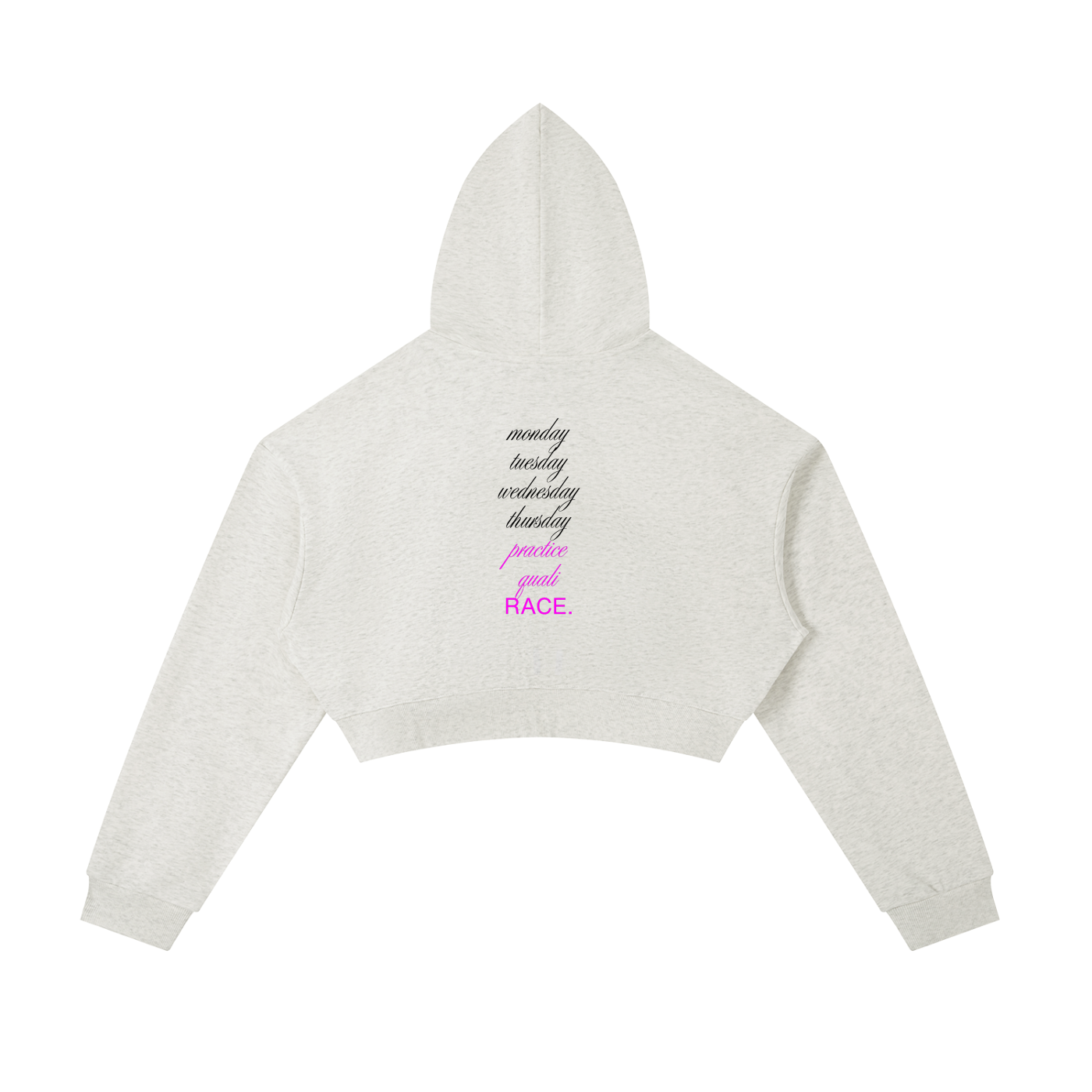 Monday to RACE cropped zip in oat gray - back view - F1 women's hoodie