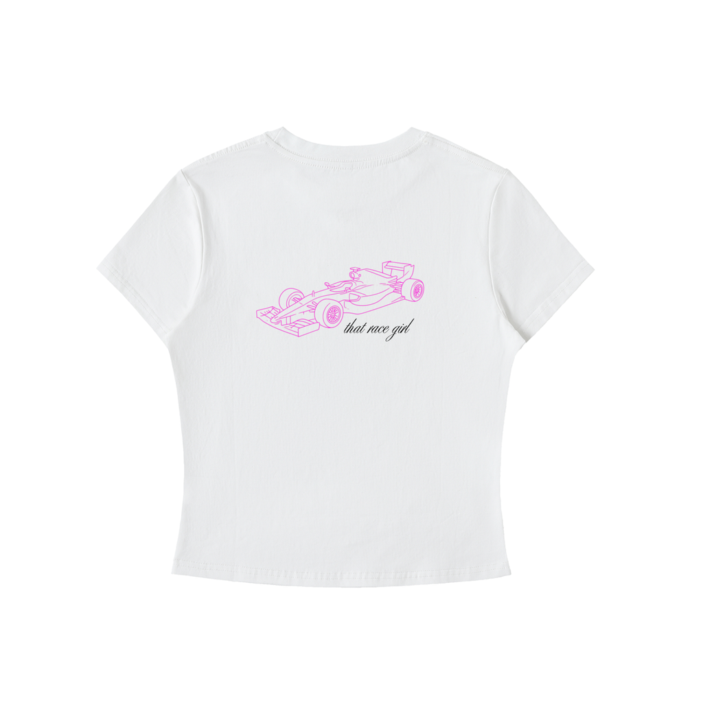 That race girl tee with pink car sketch - back view - F1 women's fashion