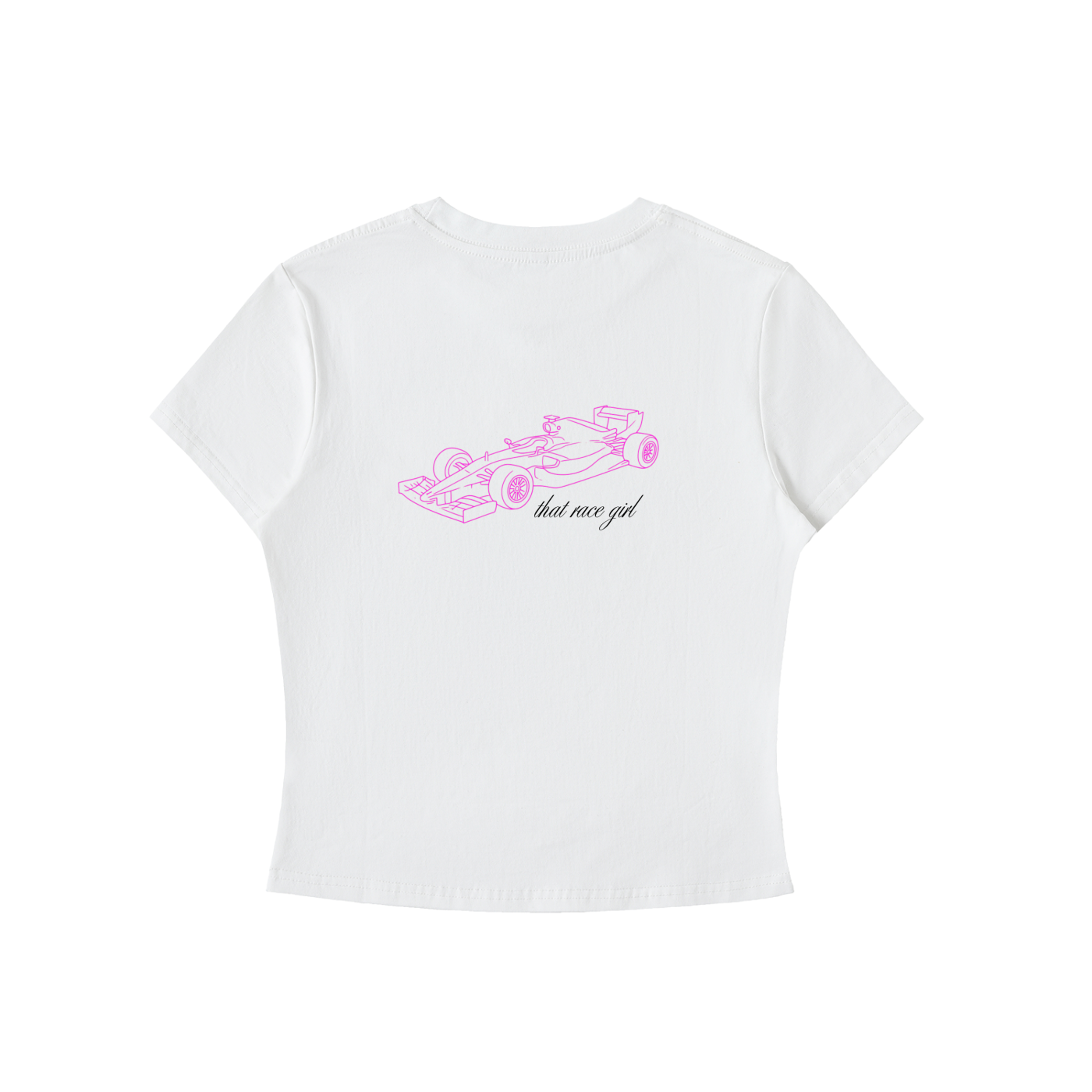 That race girl tee with pink car sketch - back view - F1 women's fashion