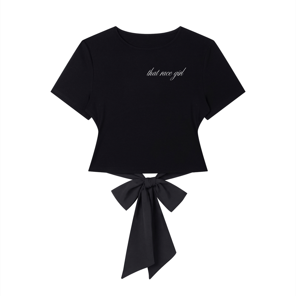 That race girl bow tee in black - front view showing logo - F1 women's top