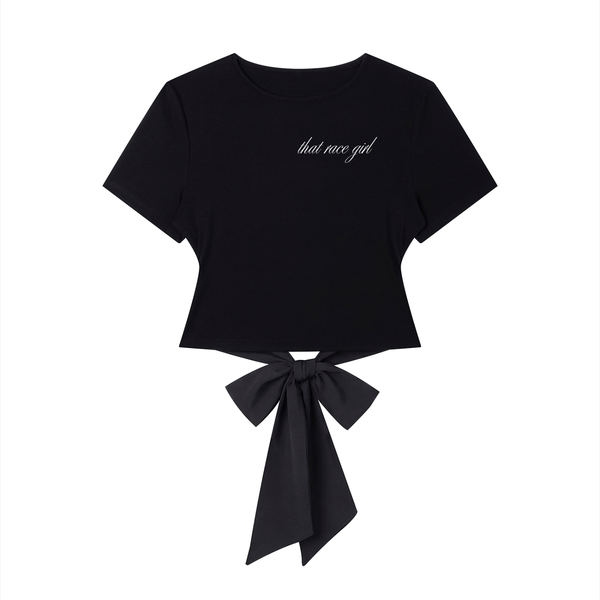 That race girl bow tee in black - front view showing logo - F1 women's top