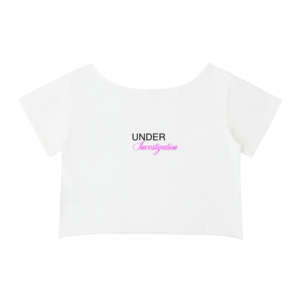 UNDER Investigation off-shoulder tee in white - back view - F1 women's fashion