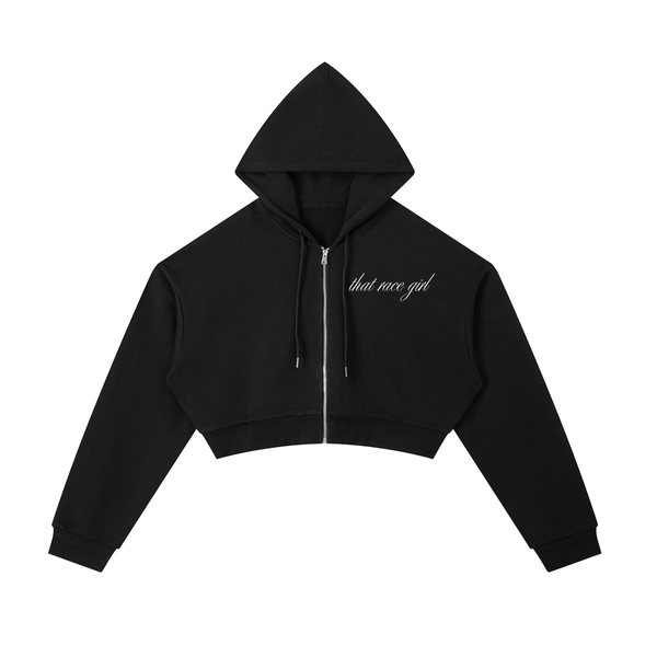 Helmet zip-up cropped hoodie in white - front view - F1 women's fashion