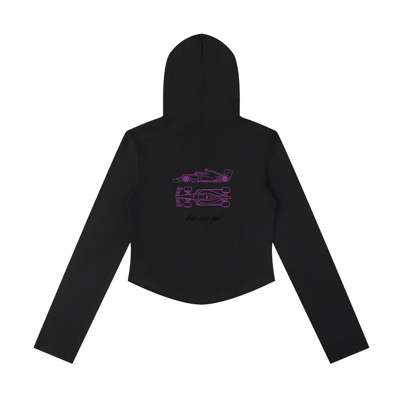 UNDER Investigation slim cropped zip in black - back view showing pink F1 car sketch - F1 women's hoodie