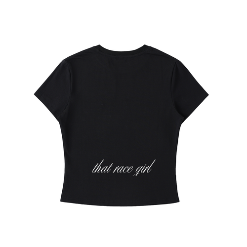 Monday to RACE bodycon tee in black - back view showing that race girl script - F1 women's fashion
