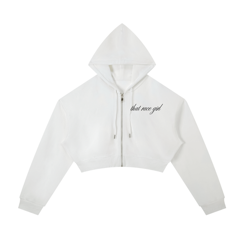 Monday to RACE cropped zip in white - front view - F1 women's hoodie