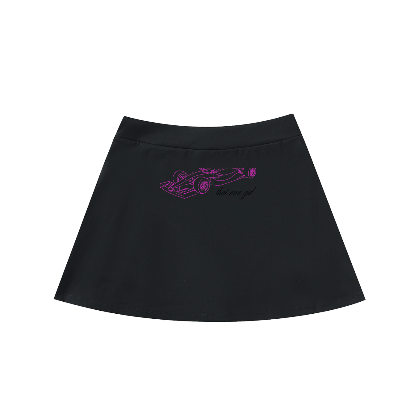 Car sketch a-line skirt in black - back view with pink F1 car sketch - F1 women's fashion