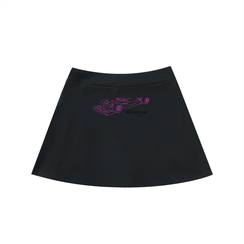 Car sketch a-line skirt in black - back view with pink F1 car sketch - F1 women's fashion