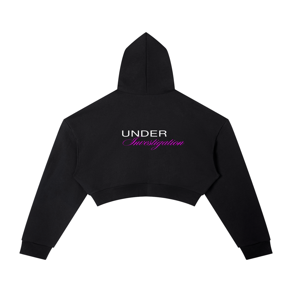 That race girl logo cropped hoodie in black - back view showing UNDER Investigation - F1 women's hoodie