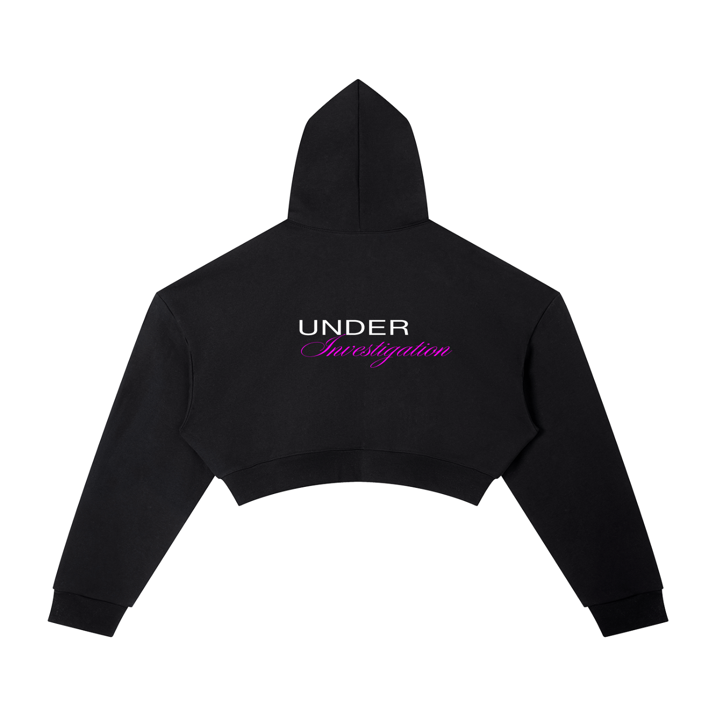 That race girl logo cropped hoodie in black - back view showing UNDER Investigation - F1 women's hoodie